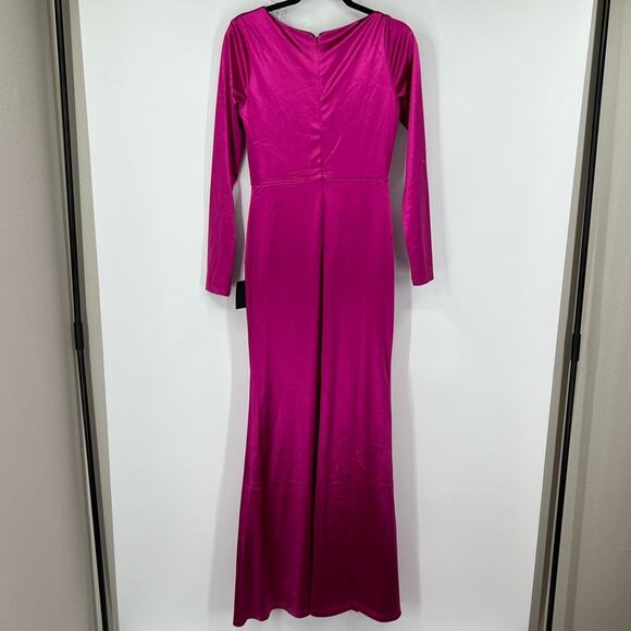 Lulus Off to the Ball Magenta Satin Long Sleeve Maxi Dress NWT - Picture 7 of 13